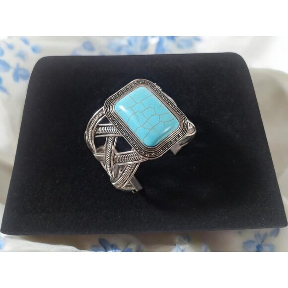 Vintage Tibetan Silver with Synthetic Turquoise Stone Cuff Bracelet Bangles - Picture 3 of 8